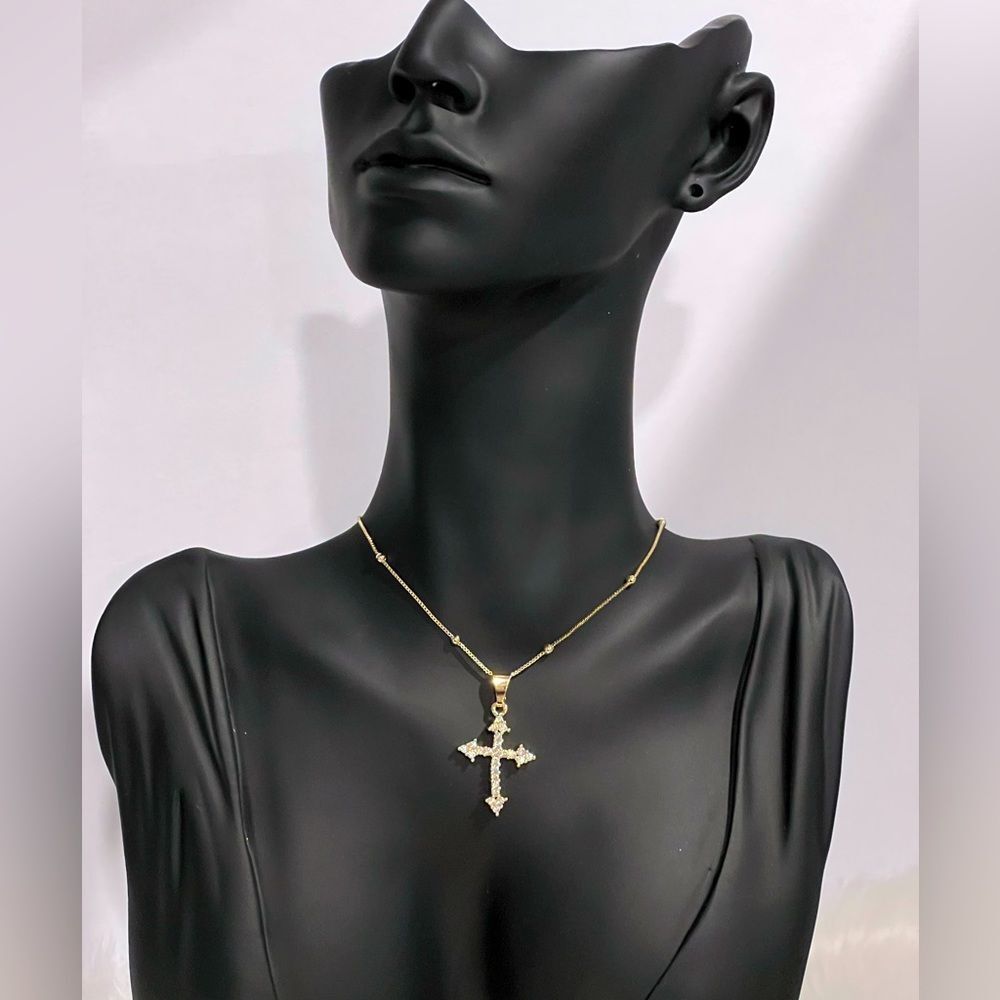 18K Gold-Filled Cubic Zirconia Shared Prong Cross Design Necklace 18 inch chain